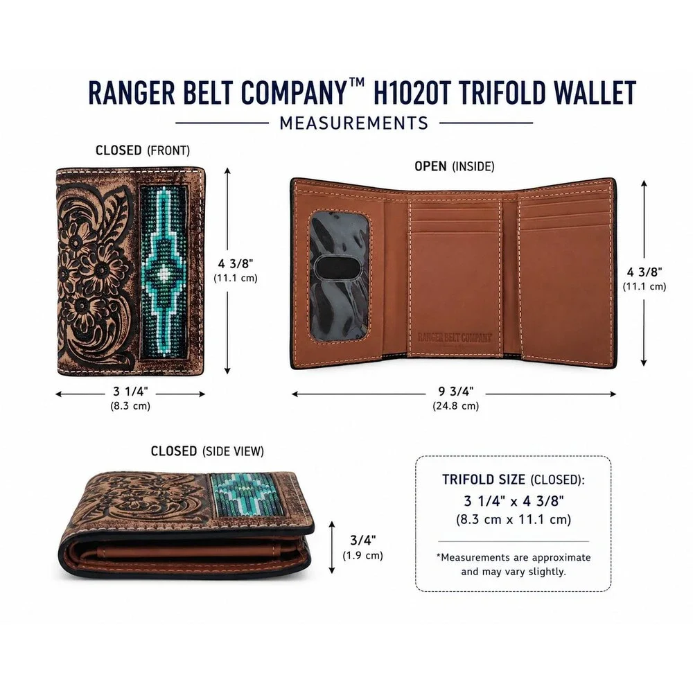 Ranger Belt Co H1020T Trifold Wallet Tooled Leather Beaded Western Brown NIB